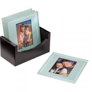 Four Solid Glass Photo Coasters with Wood Holder by Sarah Peyton Home