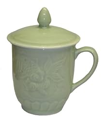 Celadon covered coffee / tea mugs - goldfish design, set of 2