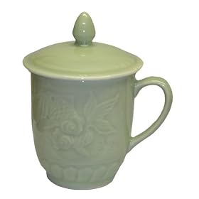 Celadon covered coffee tea mugs - goldfish design, set of 2 by Reorient
