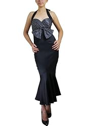 Large Bow Satin Polka Dot Black Retro Long Slim Dress L