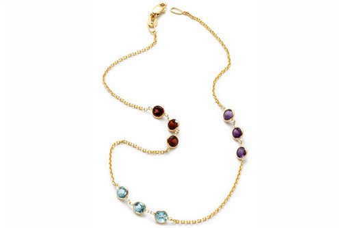 14K Yellow Gold Diamond Cut 10 Anklet Bracelet, set with multi-colored semi-precious stones