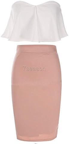 Women Fashion Sexy Elegant Two Pieces Strapless Sleeveless Backless Ruffle Crop Tops and Solid Pencil Skirt Set 7_S