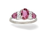 14K White Gold Genuine Oval Pink Tourmaline and Diamond 3-Stone Ring