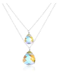 Double Layer Sterling Silver with Swarovski Elements Crystal Aurora Borealis Briolette Pendant Necklace, 19"-20"