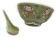 Green monkey design rice bowl and spoon set - hand painted porcelain