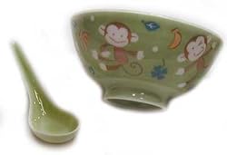 Green monkey design rice bowl and spoon set - hand painted porcelain