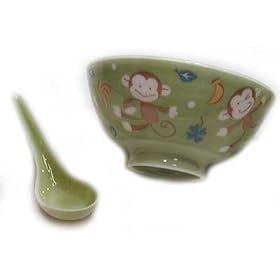 Green monkey design rice bowl and spoon set - hand painted porcelain by Reorient