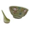Green Monkey Design Rice Bowl and Spoon Set - Hand Painted Porcelain