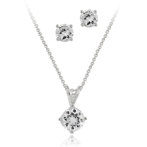 Sterling Silver Round CZ Solitaire Pendant & Stud Earrings Set