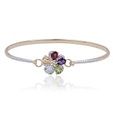 18k Yellow Gold Plated Sterling Silver Multi-Gemstone and Diamond Flower Bangle Bracelet