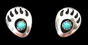 Small Southwestern Native American Handcrafted Bear Paw Post Earrings in Turquoise and Sterling Silver, #1285