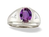 14K White Gold Genuine Oval Amethyst and Diamond Men's Ring