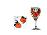 ArtisanStreet's Hand Painted 4 Wine Glasses with 4 Matching Coasters. Eight Piece Set Features A Design of Bright Peaches. Made to Order Set Signed by Artisan.