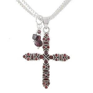 Large Cross Pendant in Sterling Silver with Garnet Gem Set Stones and Two Garnet Gemstone Charms on a Double Sterling Box Chain, #8037