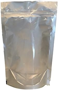 Silver/Clear Mylar Stand Up Bags Pouches with Zipper, Notch for Food Storage 6 X 9 X 3.5 inches (8oz) 100 pcs
