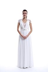 A-line V-neck Cap Sleeves Floor Length Natural   Waistline Lace Chiffon Prom Dress 