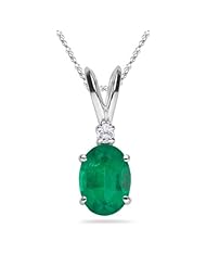 0.02 Cts Diamond & 0.35 Cts of 6x4 mm AA Oval Natural Emerald Solitaire Pendant in 14K White Gold