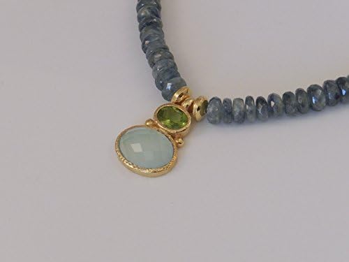 Green Kyanite Bead Necklace with Peridot and Chalcedony Pendant, 19 inches