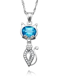 Honeystore Girls Cubic Zirconia 925 Sterling Silver Topaz Cat Pendant Necklace Color Blue