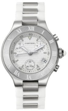Cartier Women's W10197U2 Must 21 Chronoscaph Stainless Steel and White Rubber Chronograph Watch