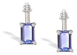 14K White Gold Genuine Emerald-cut Tanzanite and Diamond Drop Earrings