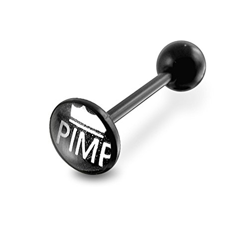 Flat Top " PIMP " Logo with 14Gx5/8(1.6x16mm) Flexible Barbell with 6mm Ball Tongue Piericng jewelry.