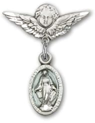 Sterling Silver Baby Badge with Blue Miraculous Charm and Angel w/Wings Badge Pin