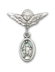 Sterling Silver Baby Badge with Blue Miraculous Charm and Angel with Wings Badge Pin