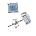 Sterling Silver 6mm Square Created Blue Opal Stud Earrings