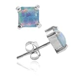 Sterling Silver created Blue Opal stone square stud Earrings