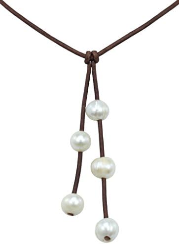 High Quality 5 Dangling Freshwater Cultured 10-11mm Pearl Necklace on Brown Leather Cord, 16" + 4"