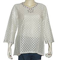 Kurtis Womens Off-white Shirts Tops Spring summer Clothes Embroidery Size S