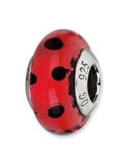 Sterling Silver Red with Black Dots Italian Murano Glass Charm