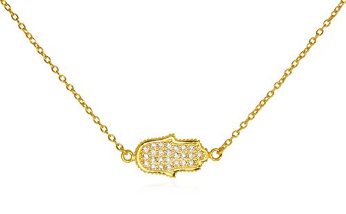 Gold Hamsa Pendant Necklace .925 Sterling Silver Gold Tone CZ Scalloped Edge Good Luck Charm