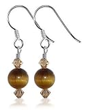 Tiger Eye and Smokey Topaz Swarovski Crystal Sterling Silver French Hook 1.5 Long Dangle Earrings