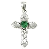 Sterling Silver 1 Claddagh Cross Necklace with Emerald Cubic Zirconia Stone on 18 Chain
