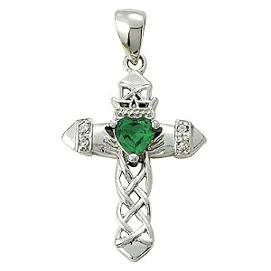 Buy Sterling Silver 1 Claddagh Cross Necklace with Emerald Cubic Zirconia Stone on 18 Chain
