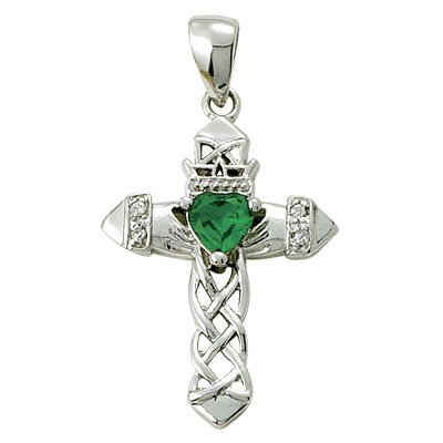 Sterling Silver 1″ Claddagh Cross Necklace with Emerald Cubic Zirconia Stone on 18″ Chain