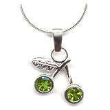 Sterling Silver Peridot Gemstone Pendant Necklace in Cherry Design, August Birthstone, with 16 Inch Snake Chain