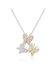 Alexander James Tri-Tone Butterfly Pendant with Round Cut Clear Cubic Zirconia Set On Each Butterfly Complete With 18 Inch Chain in Silvertone