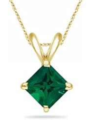 0.55 Cts of 4 mm AAA Princess Russian Lab Created Emerald Solitaire Pendant in 14K Yellow Gold