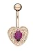 Heart Shield 14 karat Gold belly button ring with Ruby CZ gemstones