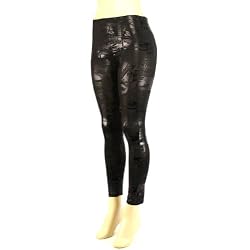 Shiny Magazine Print Full Leggings Stretchy Footless Black