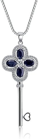 Sterling Silver Key Shape Pendant Necklace With Natural Oval-cut Blue Sapphire Gemstone For Women