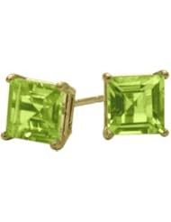 0.75Ct. Genuine 4mm Square Princess Peridot 14 Karat Yellow Gold Stud Earrings for Girls