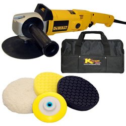 DeWalt DW849 Heavy Duty Variable Speed Polisher along with a Kustom Shop Brand Compound, Polish and Finishing Pad Kit with Grip Backing Plate