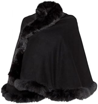 Ladies cashmere cape with fox fur, Black, One Size