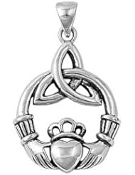 Sterling Silver Claddagh Celtic Knot Heart Pendant Irish Charm Pure 925 New 28mm with 1.2mm Rope Chain