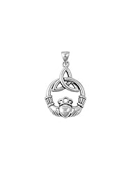 Sterling Silver Claddagh Celtic Knot Heart Pendant Irish Charm Pure 925 New 28mm with 1mm Ball Bead Chain