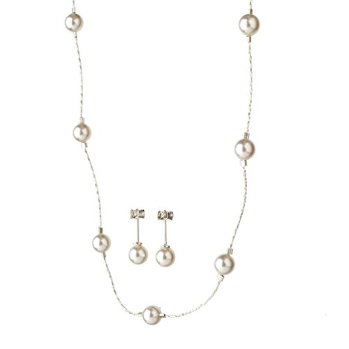 Sterling Silver Chain Crystal Simulated Pearl Station Necklace Earrings